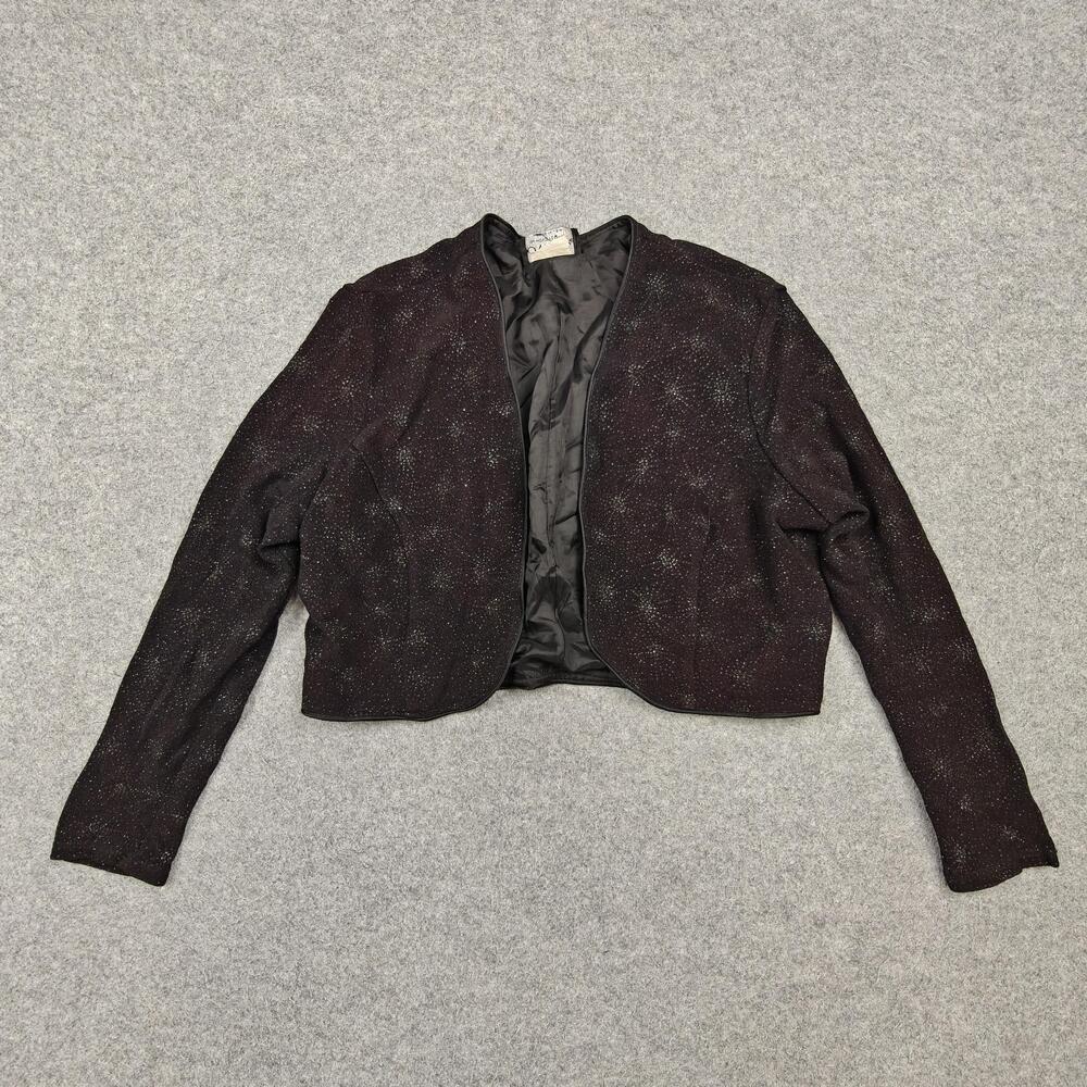 Vintage ONYX Nite Jacket Womens Medium Black Tweed Lined Collarless Open Glitter